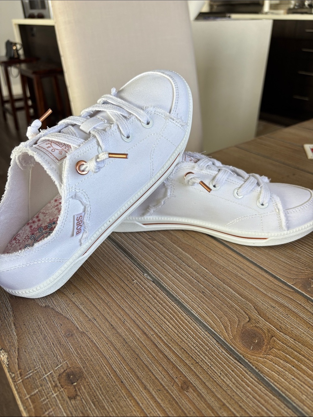 Bob’s from Skechers White Canvas Memory Foam Sneakers with Rose Gold Accents - Picture 5 of 10